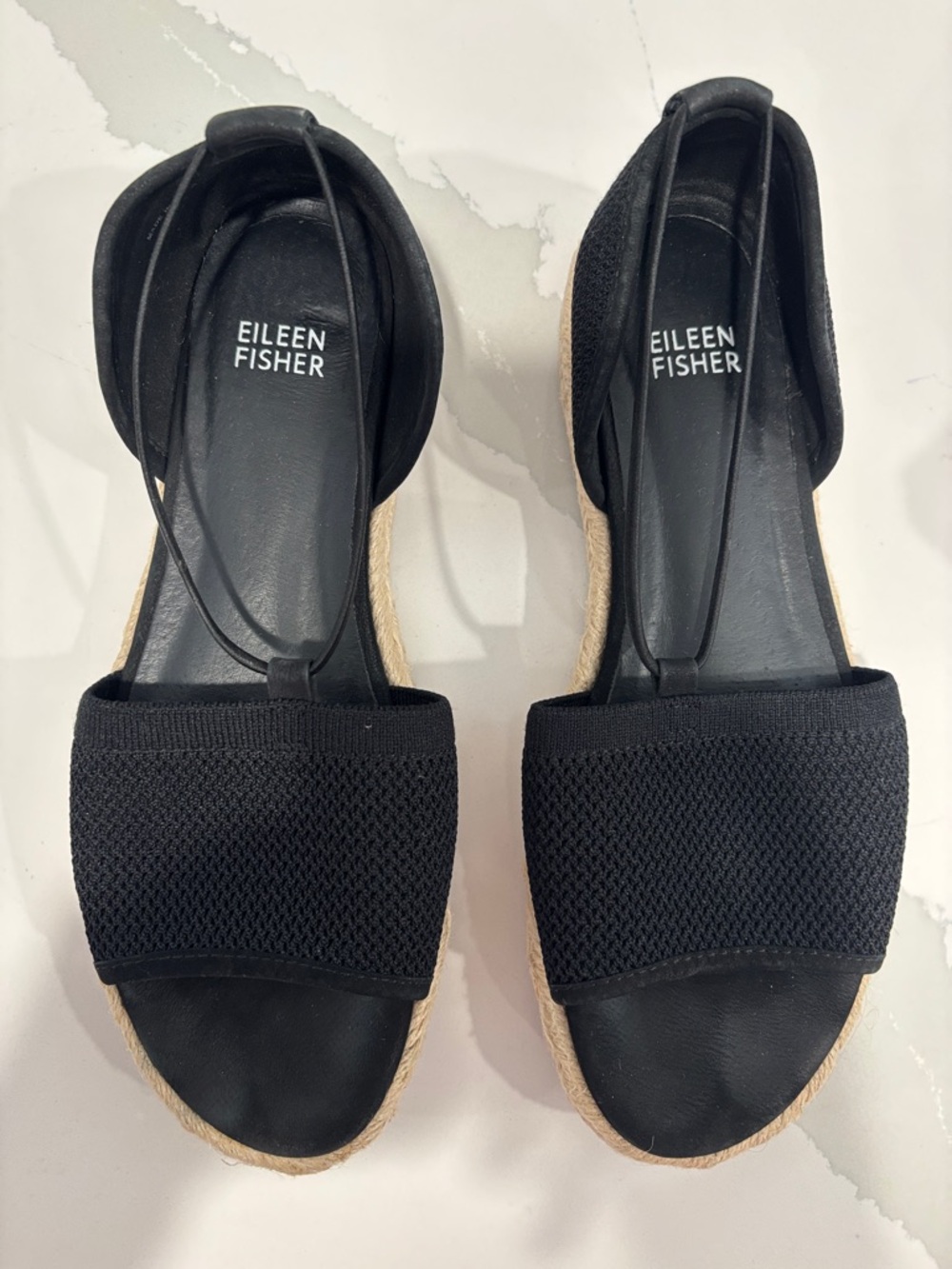 Eileen Fisher Black Knit Espadrille Sandals with Ankle elastic strap. Size 7.5